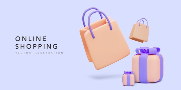 Banner para compras en línea con regalos realistas y bolsas de regalo para el día de San Valentín, año nuevo y otras fiestas aisladas sobre fondo azul. Ilustración vectorial