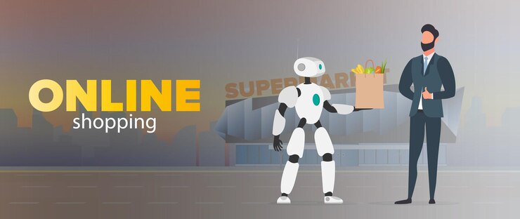 Vector banner de compras en línea. el robot sostiene una bolsa con comestibles. entrega de comida por robots. el hombre de negocios muestra el pulgar hacia arriba. concepto de entrega futura. vector.