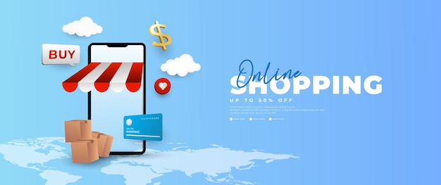 banner de compras en línea a través de un teléfono celular adecuado para promociones de comercio electrónico