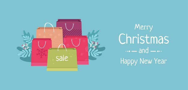 Vector banner compras de navidad oferta bolsas de regalo de año nuevo embalaje de color descuentos y compras copos de nieve