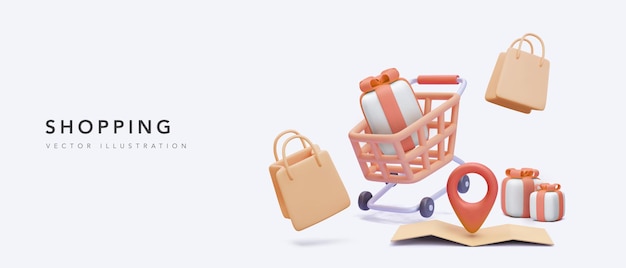 Banner de compras con tienda de ubicación, carrito, regalos, bolsas de mercado en estilo realista. ilustración vectorial