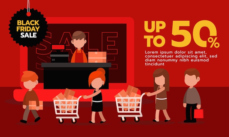 Vector banner de compras de viernes negro. ilustración de compras en línea.