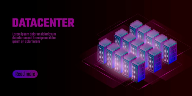 Vector banner de concepto de almacenamiento de computación en la nube de centro de datos isométrico sitio de alojamiento de procesamiento de datos grandes alquiler de rack mainframe sistema de red de computadoras servidor granja minería neón oscuro diseño ilustración vectorial arte