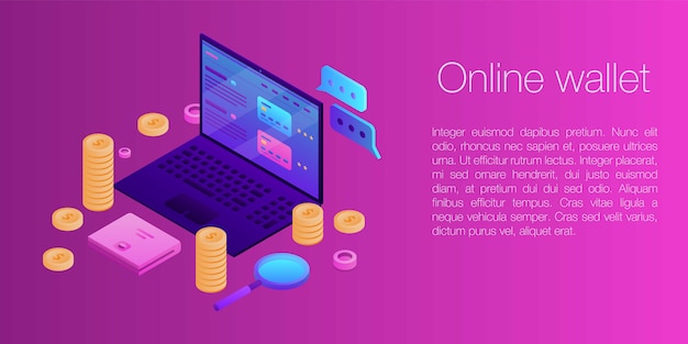 Banner de concepto de billetera en línea, estilo isométrico