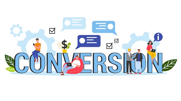 Banner de concepto de conversión. Idea de estrategia de marketing y campaña de captación de clientes. Crecimiento de la tasa de clientes. ilustración