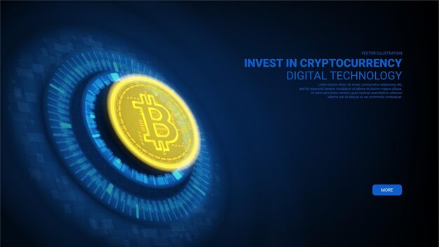 Banner de concepto horizontal con Bitcoin Banner vectorial con un elemento digital abstracto de bitcoin brillante
