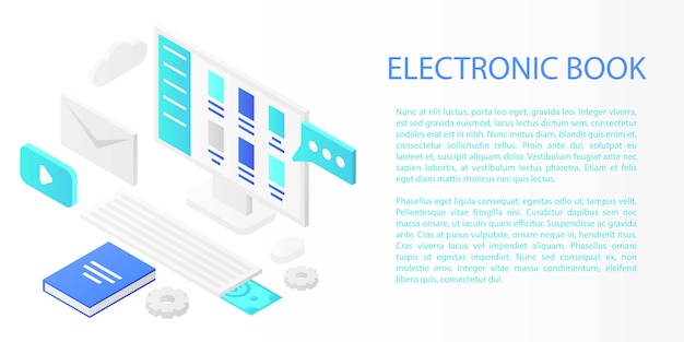 Banner de concepto de libro electrónico, estilo isométrico