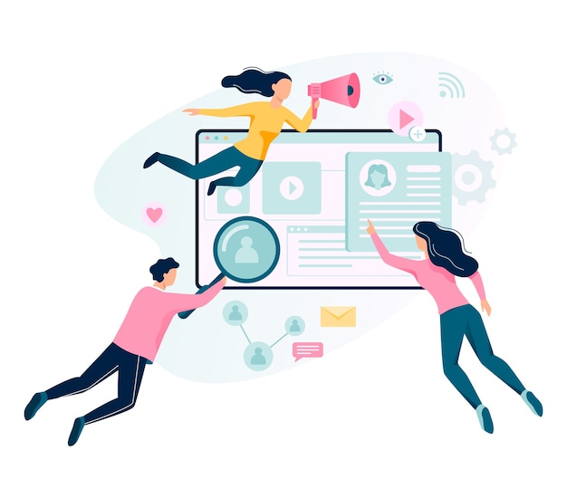 Banner de concepto de marketing digital. Comunicación en redes sociales y medios. SEO, SEM y promoción online. ilustración con estilo