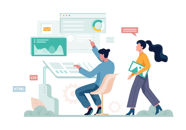 Banner de concepto de marketing digital. Comunicación en redes sociales y medios. SEO, SEM y promoción online. ilustración con estilo