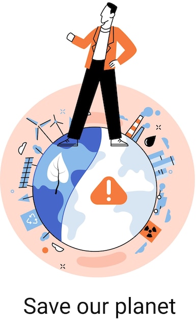 Banner para el concepto de protección ecológica Cambio climático catástrofe ambiental Problema ecológico entorno del planeta ilustración vectorial Impacto de la actividad humana en la ecología y la naturaleza de la Tierra