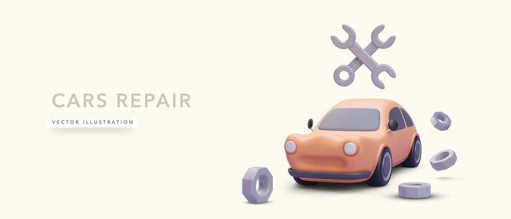 Vector banner de concepto de reparación de automóviles con automóvil realista aislado sobre fondo amarillo ilustración vectorial