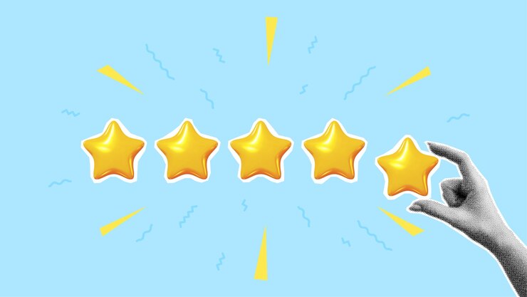 Banner de concepto de retroalimentación o calificación La mano cortada en papel sostiene una estrella dorada Ilustración vectorial Signo de feedback o calificación Buena revisión que apoya el servicio al cliente exitoso Collaje de tendencias creativas