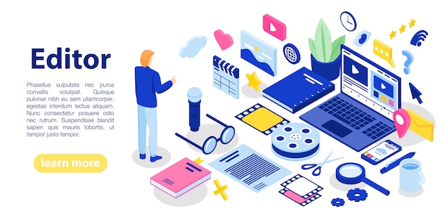 Banner de concepto de texto de editor, estilo isométrico