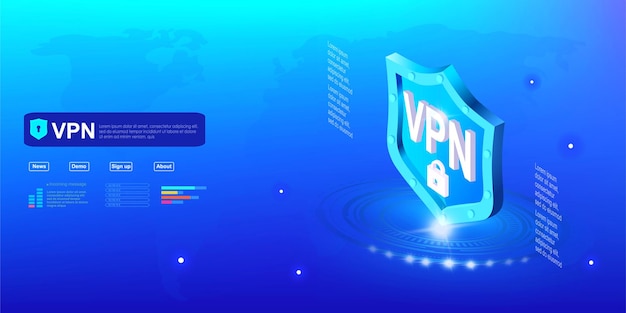 Banner de concepto de vpn escudo futurista con holograma e inscripción de vpn protección y seguridad de datos digitales ciberseguridad de datos virtuales logotipo de vpn bloqueo de red virtual