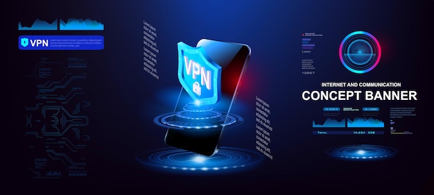 Banner de concepto de VPN Red privada cerrada de Internet Escudo futurista con holograma e inscripción de VPN en el teléfono móvil Seguridad de la red de protección de VPN Red virtual segura con acceso a Internet