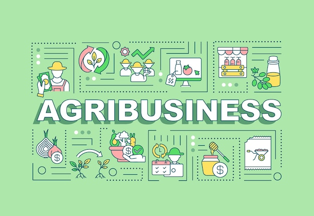 Banner de conceptos de palabra de agroindustria. Producción de agricultura. Infografía con iconos lineales sobre fondo de menta.