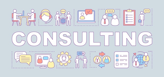 Banner de conceptos de palabra de consultoría. Discusión de negocios, negociación. Centro de entrenamiento. Presentación, sitio web. Idea de tipografía de letras aisladas con iconos lineales. Ilustración de contorno vectorial