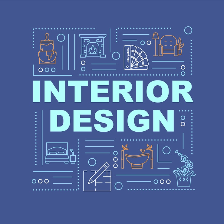 Vector banner de conceptos de palabra de diseño de interiores. decoración de dormitorio creativa. servicio de arquitecto. infografía con iconos lineales sobre fondo azul oscuro. tipografía aislada. ilustración de color rgb de contorno vectorial