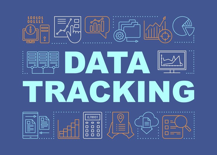Vector banner de conceptos de palabra de espacio de seguimiento de datos. sistema de contabilidad, diagrama, organización de datos. presentación, sitio web. idea de tipografía de letras aisladas con iconos lineales. ilustración de contorno vectorial