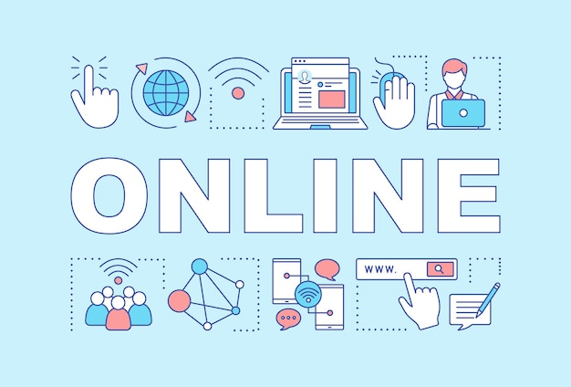 Banner de conceptos de palabra en línea. Trabaja y charla en internet. Comunicación global virtual. Presentación, sitio web. Idea de tipografía de letras aisladas con iconos lineales. Ilustración de contorno vectorial
