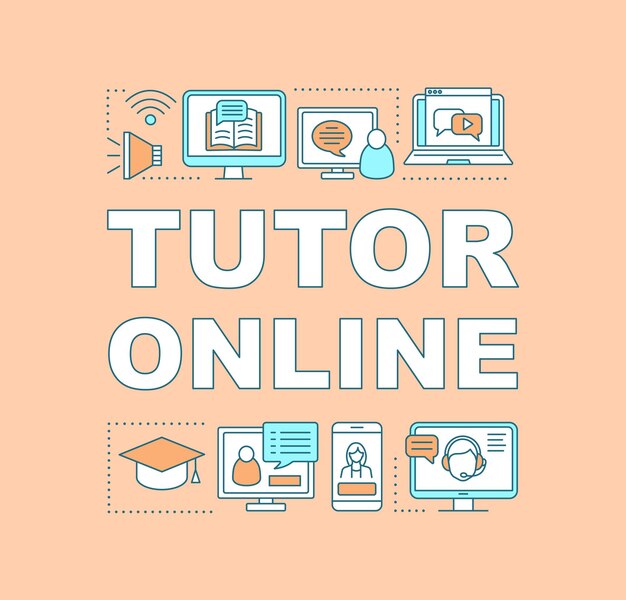 Banner de conceptos de palabra en línea de tutor. Educación a distancia. Charla con el profesor. Webinar. Cursos online. Presentación, sitio web. Idea de tipografía de letras aisladas con iconos. Ilustración de contorno vectorial