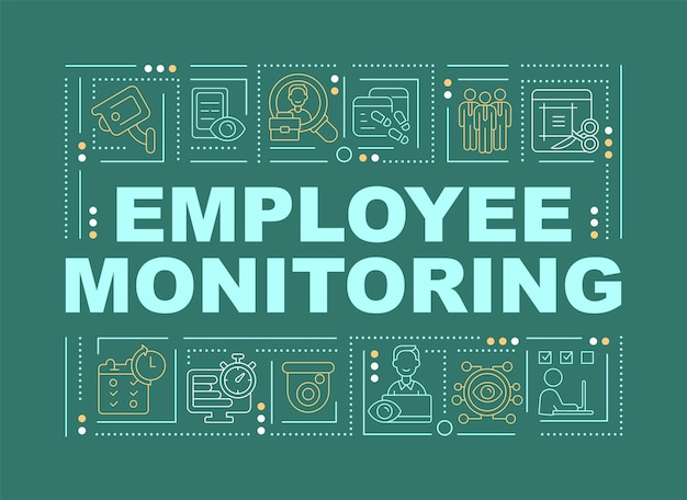 Banner de conceptos de palabra de métodos de seguimiento de empleados. seguimiento de la productividad. infografía con iconos lineales sobre fondo verde. tipografía creativa aislada. ilustración de color de contorno vectorial con texto