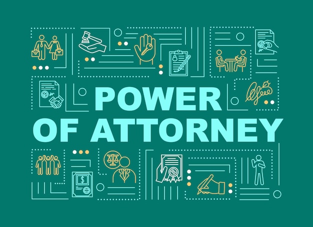 Banner de conceptos de palabra de poder notarial. Representante legal. Confirmación oficial. Infografía con iconos lineales sobre fondo verde. Tipografía aislada. Ilustración de color RGB de contorno vectorial
