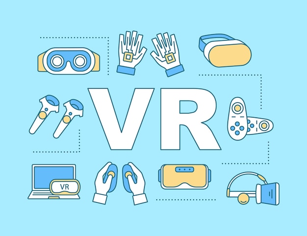 Banner de conceptos de palabra de realidad virtual. Controladores y auriculares. Equipo de realidad virtual innovador. Presentación, sitio web. Idea de tipografía de letras aisladas con iconos lineales. Ilustración de contorno vectorial