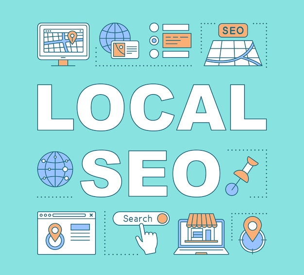Banner de conceptos de palabra de SEO local. Marketing basado en la ubicación. Búsqueda global. Orientación, clasificación. Presentación, sitio web. Idea de tipografía de letras aisladas con iconos lineales. Ilustración de contorno vectorial