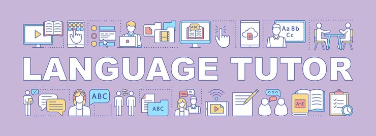 Vector banner de conceptos de palabra de tutor de idioma. video tutoriales, cursos, club de oratoria. presentación. aprendizaje de lenguas extranjeras. idea de tipografía de letras aisladas con iconos lineales. ilustración de contorno vectorial