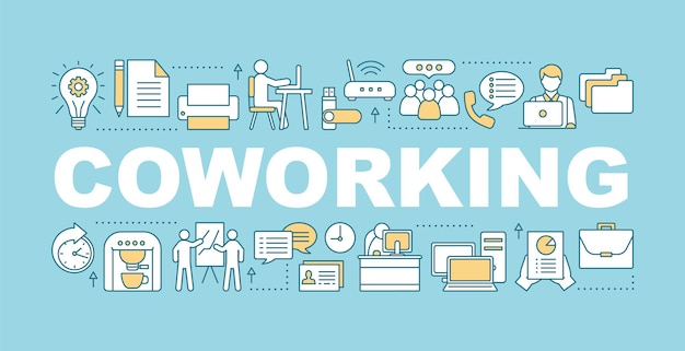 Banner de conceptos de palabras de coworking. Trabajo de oficina. Secretario. Gestión. Lugar de trabajo. Idea de tipografía de letras aisladas con iconos lineales. Ilustración de contorno vectorial