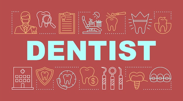 Banner de conceptos de palabras de dentista. Cuidado dental, odontología, prevención de caries, chequeo, diente. Presentación, sitio web. Idea de tipografía de letras aisladas con iconos lineales. Ilustración de contorno vectorial