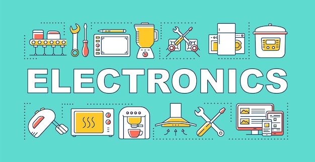 Banner de conceptos de palabras de electrónica. Fabricación, mantenimiento y reparación de electrodomésticos. Presentación, sitio web. Idea de tipografía de letras aisladas con iconos lineales. Ilustración de contorno vectorial