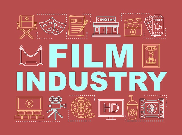 Vector banner de conceptos de palabras de la industria cinematográfica. mostrar negocio. producción y distribución de cine. presentación, sitio web. idea de tipografía de letras aisladas con iconos lineales. ilustración de contorno vectorial