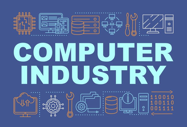 Vector banner de conceptos de palabras de la industria informática. tecnologías de la información y electrónica. presentación, sitio web. idea de tipografía de letras aisladas con iconos lineales. ilustración de contorno vectorial