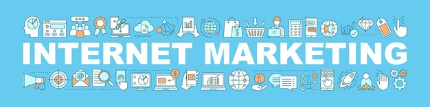 Banner de conceptos de palabras de marketing en Internet. SMM, SEO. Idea de tipografía de letras aisladas con iconos lineales. Negocios en línea. Publicidad en Internet. Ilustración de contorno vectorial