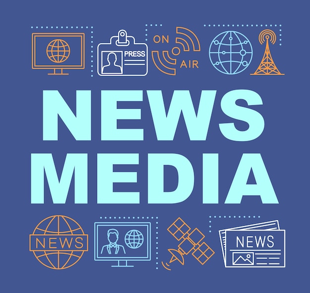 Banner de conceptos de palabras de medios de comunicación. Agencia de información. Radiodifusión. Periodismo y prensa. Presentación, sitio web. Idea de tipografía de letras aisladas con iconos lineales. Ilustración de contorno vectorial
