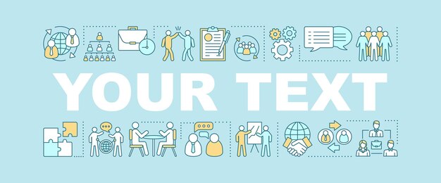 Banner de conceptos de palabras de negociaciones Formación de equipos Su texto aquí Idea de tipografía de letras aisladas con iconos lineales Gestión de recursos humanos Socios comerciales Ilustración de contorno vectorial