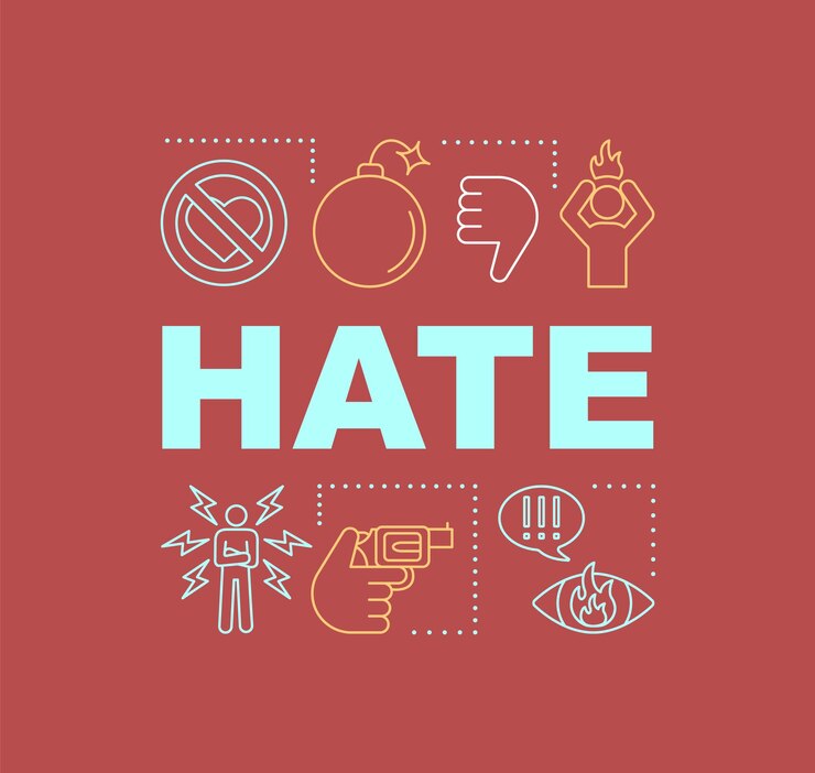 Banner de conceptos de palabras de odio Agresión malentendido Comportamiento molesto Sitio web de presentación Letras aisladas tipografía idea iconos lineales Amenaza a la vida Ilustración de contorno vectorial