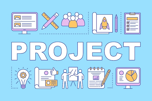 Banner de conceptos de palabras del proyecto. Planificación empresarial. Entrenamiento de inicio. Incubadora de empresas. Presentación, sitio web. Idea de tipografía de letras aisladas con iconos lineales. Ilustración de contorno vectorial