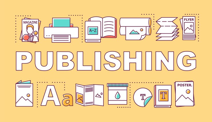 Vector banner de conceptos de palabras de publicación. edición de revistas, libros. producción de materiales impresos. presentación, sitio web. idea de tipografía de letras aisladas con iconos lineales. ilustración de contorno vectorial