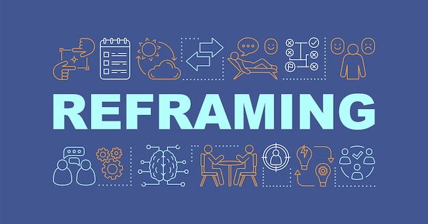 Banner de conceptos de palabras de reencuadre Pensamiento creativo Búsqueda de ideas e inspiración Idea de tipografía de letras aisladas con iconos lineales Entorno corporativo Ilustración de contorno vectorial