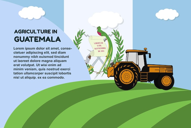 Banner conceptual de agricultura en Guatemala con campo de tractor y agricultura y cultivo de área de texto