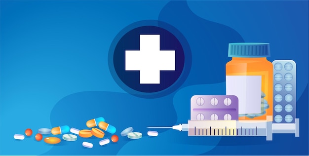 Banner conceptual de medicamentos de farmacia con cruz médica en fondo azul Diferentes pastillas médicas y medicamentos para compras de atención médica Farmacia en línea Farmacia farmacia Ilustración vectorial en estilo plano