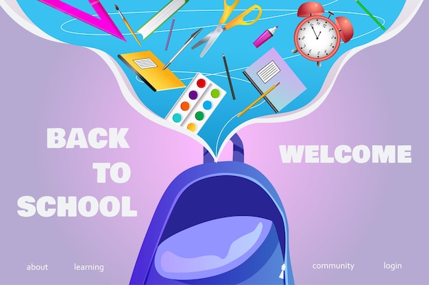 Banner conceptual de regreso a la escuela, un alegre cartel violeta que anuncia con orgullo la llegada de un nuevo