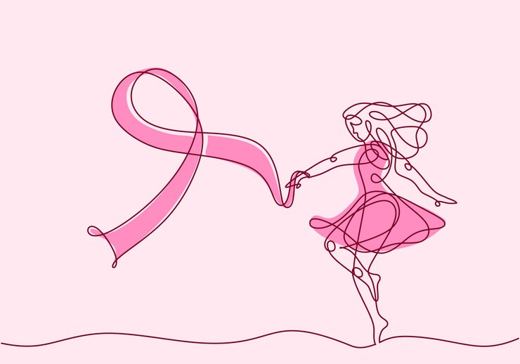 Banner de concientización sobre el cáncer de mama con dibujo artístico de una línea de mujer con cinta