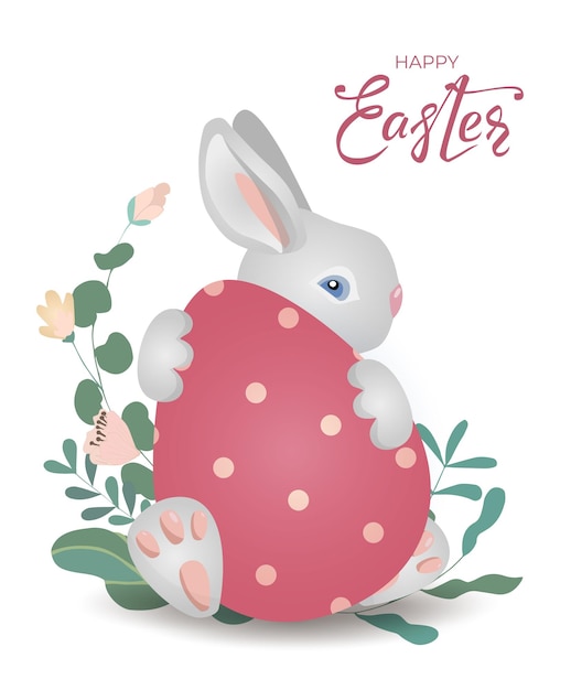 Banner de conejito de pascua feliz con huevo de conejo y texto de letras dibujado a mano liebre linda en flores y hojas sobre fondo blanco para tarjetas de felicitación banners invitación ilustración vectorial