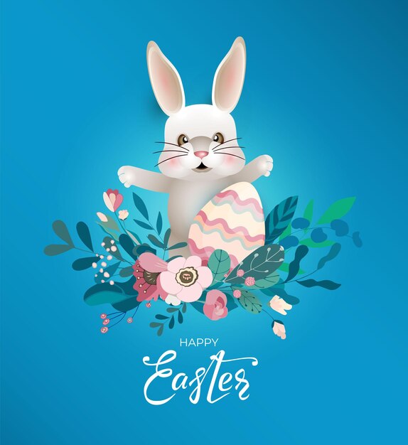 Banner de conejito de Pascua feliz con huevo de conejo y texto de letras dibujado a mano Linda liebre en flores y hojas sobre fondo azul Para tarjetas de felicitación banners invitación Ilustración vectorial