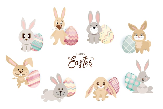 Banner de conejitos de pascua feliz con huevos de conejos y texto de letras dibujado a mano conjunto de lindas liebres en diferentes poses sobre fondo blanco para tarjetas de felicitación banners invitación ilustración vectorial