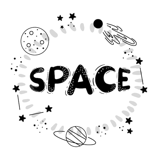Banner confeccionado con el espacio de inscripción y un conjunto de elementos espaciales planetas estrellas
